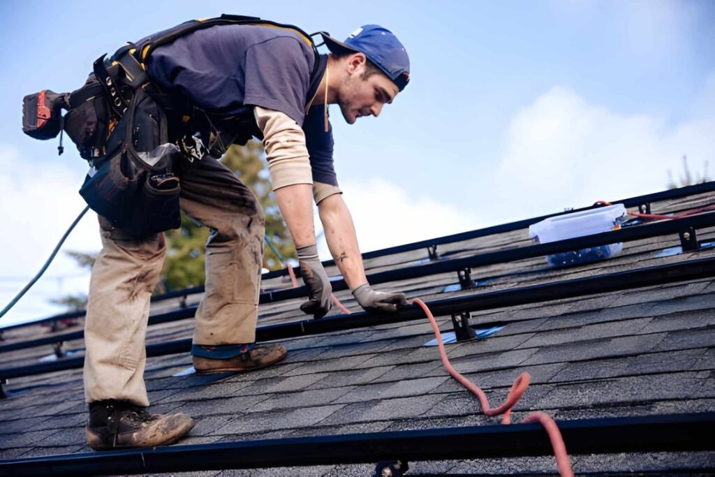 Engineers installing solar panels on home roof (2)