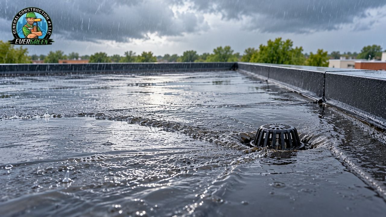 Rainwater flowing into a drain on a low slope flat roof during a storm in Puyallup, WA